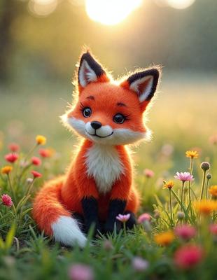 The primary subject of the image is a small, cute, and colorful toy fox sitting in a field of flowers. The setting is a grassy area with a variety of flowers, creating a vibrant and lively atmosphere. The visual style of the image is a combination of photo and digital art, giving it a unique and appealing appearance. The colors and mood of the image are predominantly bright and cheerful, with the orange fox and the colorful flowers creating a warm and inviting scene.